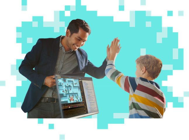 Man high-fiving kid playing CodeCombat