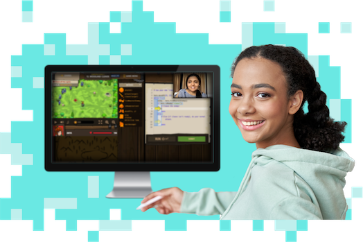 Online classes scene: girl playing CodeCombat on video call with her teacher